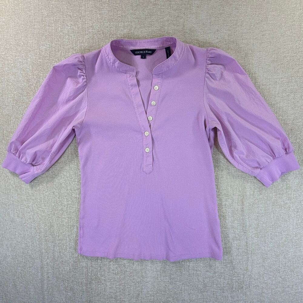 Veronica Beard Women M Violet Half Button Elbow Sleeve Minimalist Knit Pullover